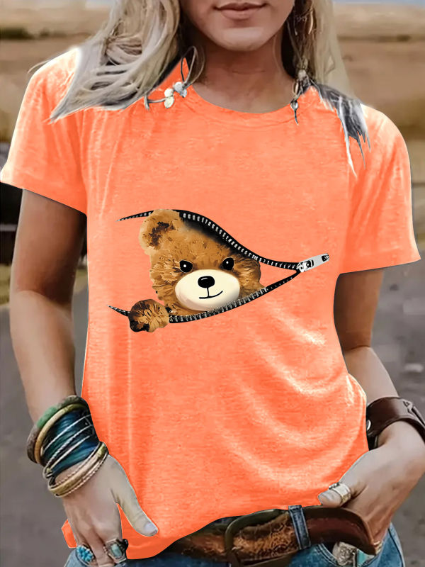 Tricou de damă cu mânecă scurtă, guler rotund, cu imprimeu de urs, cu fermoar transfrontalier european și american, Amazon
