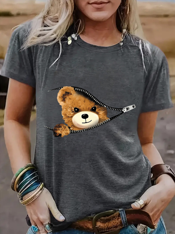 Tricou de damă cu mânecă scurtă, guler rotund, cu imprimeu de urs, cu fermoar transfrontalier european și american, Amazon