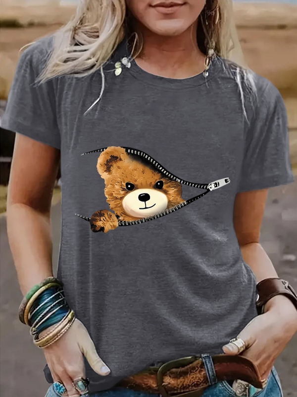Tricou de damă cu mânecă scurtă, guler rotund, cu imprimeu de urs, cu fermoar transfrontalier european și american, Amazon