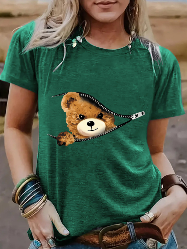 Tricou de damă cu mânecă scurtă, guler rotund, cu imprimeu de urs, cu fermoar transfrontalier european și american, Amazon