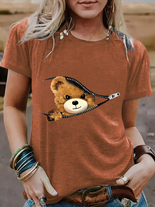 Tricou de damă cu mânecă scurtă, guler rotund, cu imprimeu de urs, cu fermoar transfrontalier european și american, Amazon
