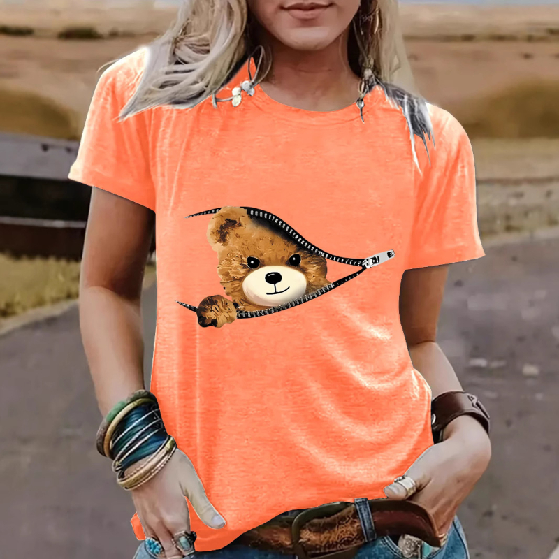 Tricou de damă cu mânecă scurtă, guler rotund, cu imprimeu de urs, cu fermoar transfrontalier european și american, Amazon