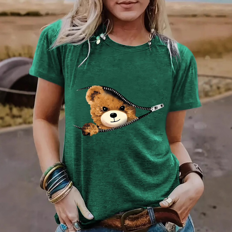Tricou de damă cu mânecă scurtă, guler rotund, cu imprimeu de urs, cu fermoar transfrontalier european și american, Amazon