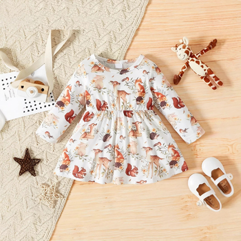 INS prekogranična nova proljetna i jesenska dječja haljina s printom jelena, dugih rukava i okruglog izreza, haljina princeze