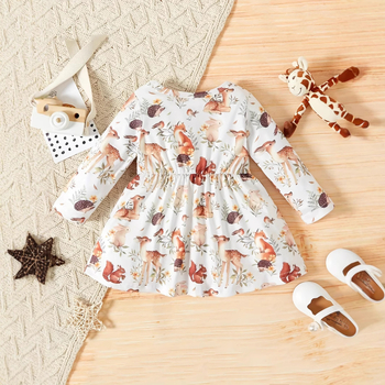 INS prekogranična nova proljetna i jesenska dječja haljina s printom jelena, dugih rukava i okruglog izreza, haljina princeze