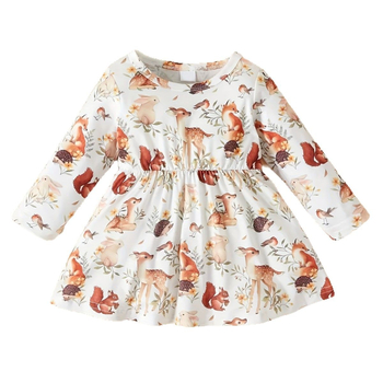 INS prekogranična nova proljetna i jesenska dječja haljina s printom jelena, dugih rukava i okruglog izreza, haljina princeze