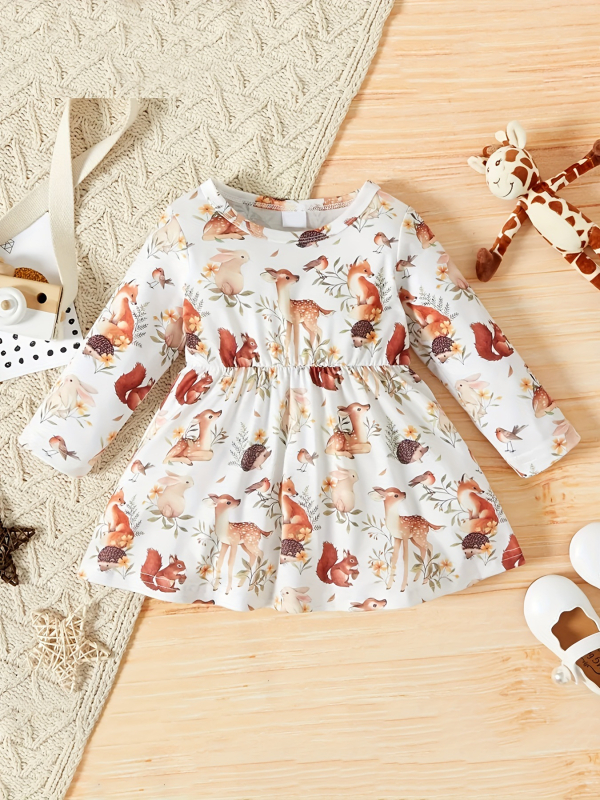 INS prekogranična nova proljetna i jesenska dječja haljina s printom jelena, dugih rukava i okruglog izreza, haljina princeze