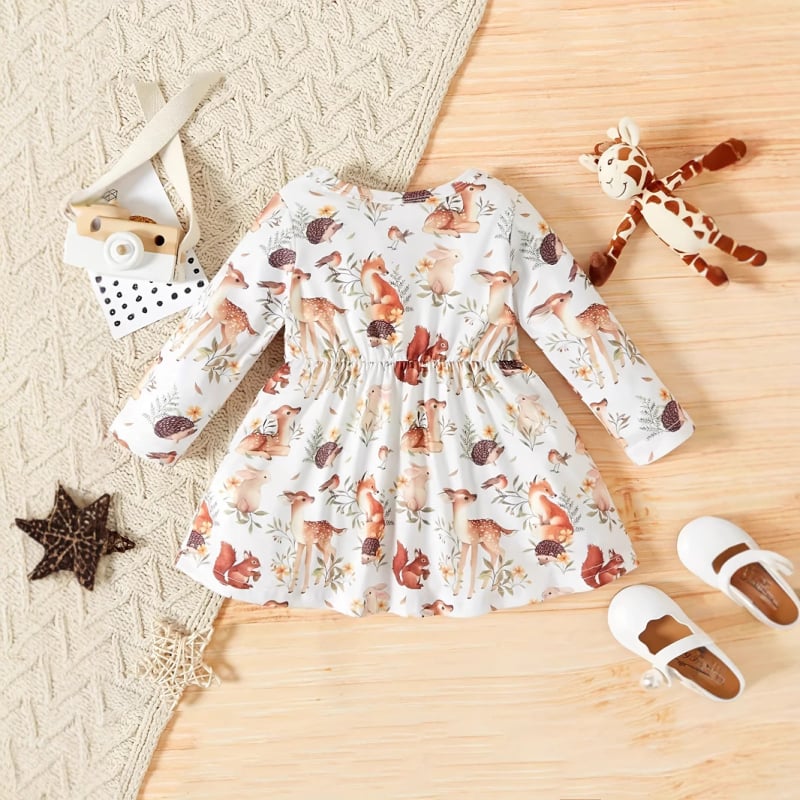 INS prekogranična nova proljetna i jesenska dječja haljina s printom jelena, dugih rukava i okruglog izreza, haljina princeze