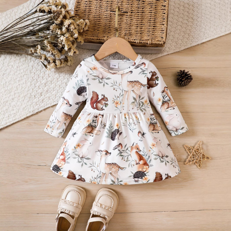 INS prekogranična nova proljetna i jesenska dječja haljina s printom jelena, dugih rukava i okruglog izreza, haljina princeze