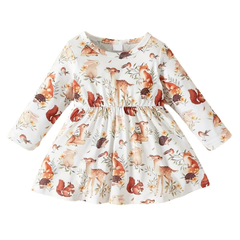 INS prekogranična nova proljetna i jesenska dječja haljina s printom jelena, dugih rukava i okruglog izreza, haljina princeze