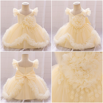 Παιδικό Φόρεμα για Κορίτσι, Μεγάλο Φόρεμα Πριγκίπισσας με Λουλούδια, Νυφικό για Κορίτσι με Λουλούδια, Φόρεμα ενός Χρόνου για Μωρό