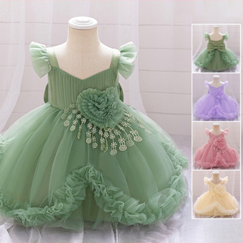Παιδικό Φόρεμα για Κορίτσι, Μεγάλο Φόρεμα Πριγκίπισσας με Λουλούδια, Νυφικό για Κορίτσι με Λουλούδια, Φόρεμα ενός Χρόνου για Μωρό