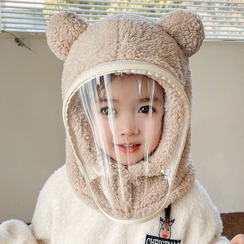 Detská čiapka, vetruodolná čiapka, zimná šatka integrovaná čiapka s tvárovým štítom, celotvárová ochrana, cyklistická čiapka s medveďom, vetruodolná a teplá