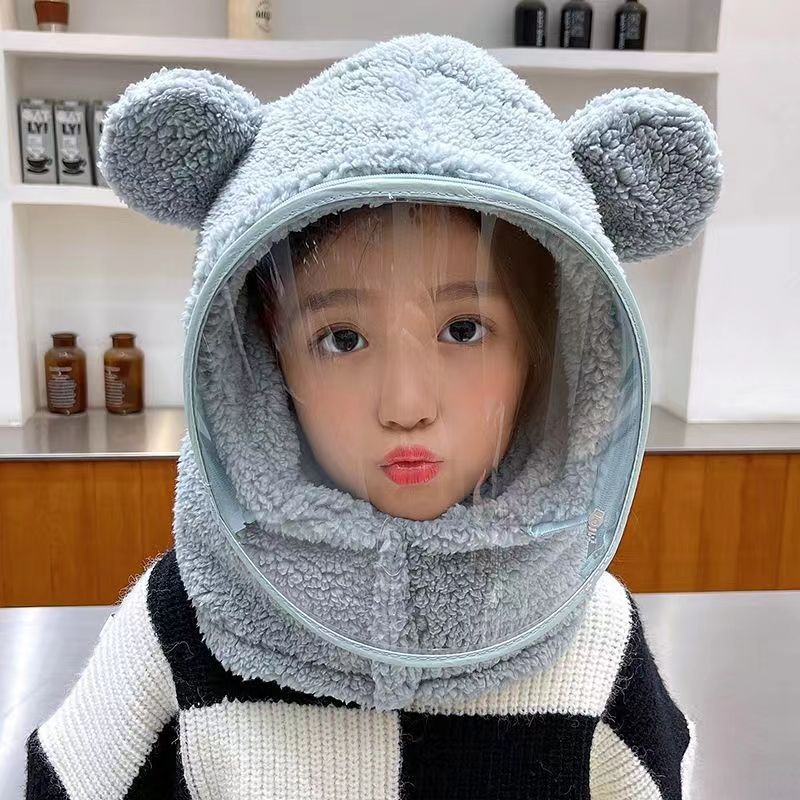 Detská čiapka, vetruodolná čiapka, zimná šatka integrovaná čiapka s tvárovým štítom, celotvárová ochrana, cyklistická čiapka s medveďom, vetruodolná a teplá