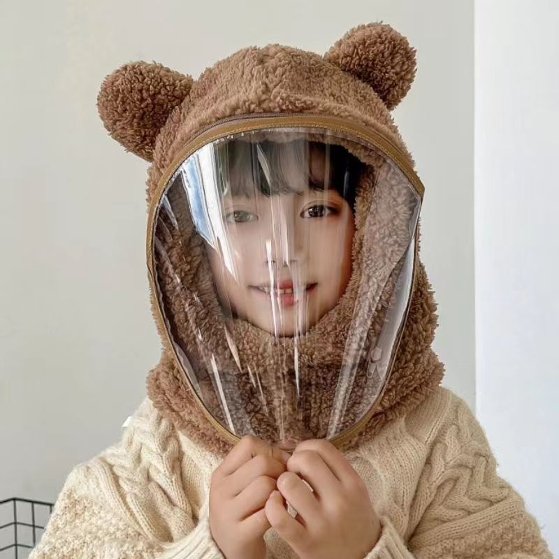 Detská čiapka, vetruodolná čiapka, zimná šatka integrovaná čiapka s tvárovým štítom, celotvárová ochrana, cyklistická čiapka s medveďom, vetruodolná a teplá