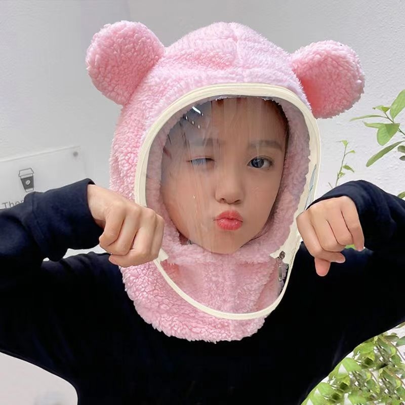 Detská čiapka, vetruodolná čiapka, zimná šatka integrovaná čiapka s tvárovým štítom, celotvárová ochrana, cyklistická čiapka s medveďom, vetruodolná a teplá