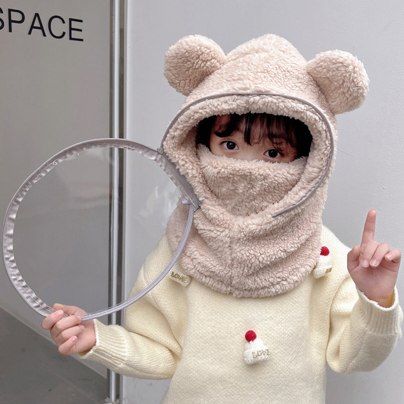 Detská čiapka, vetruodolná čiapka, zimná šatka integrovaná čiapka s tvárovým štítom, celotvárová ochrana, cyklistická čiapka s medveďom, vetruodolná a teplá