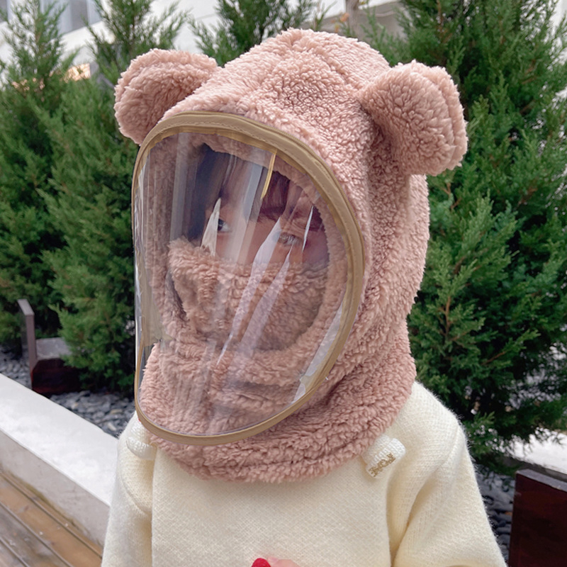 Detská čiapka, vetruodolná čiapka, zimná šatka integrovaná čiapka s tvárovým štítom, celotvárová ochrana, cyklistická čiapka s medveďom, vetruodolná a teplá