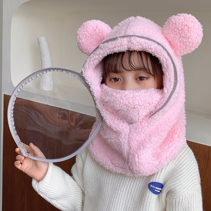 Detská čiapka, vetruodolná čiapka, zimná šatka integrovaná čiapka s tvárovým štítom, celotvárová ochrana, cyklistická čiapka s medveďom, vetruodolná a teplá