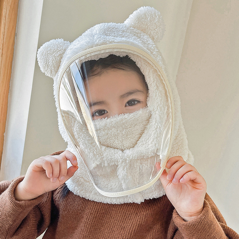 Detská čiapka, vetruodolná čiapka, zimná šatka integrovaná čiapka s tvárovým štítom, celotvárová ochrana, cyklistická čiapka s medveďom, vetruodolná a teplá