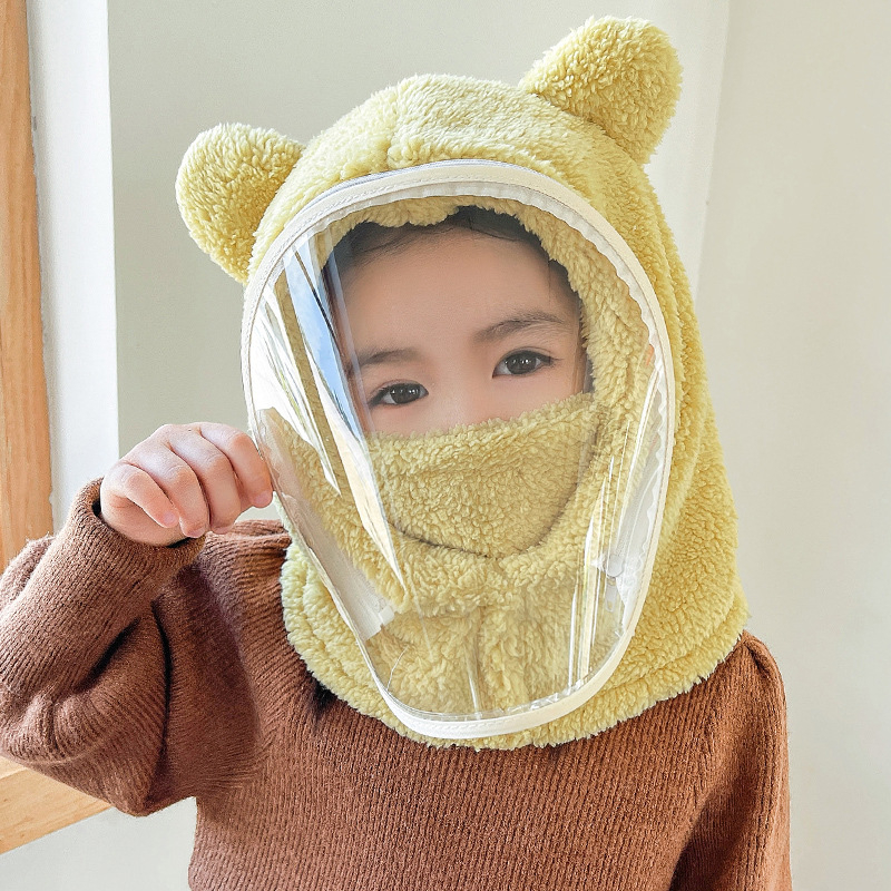 Detská čiapka, vetruodolná čiapka, zimná šatka integrovaná čiapka s tvárovým štítom, celotvárová ochrana, cyklistická čiapka s medveďom, vetruodolná a teplá