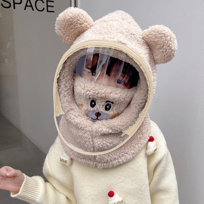 Detská čiapka, vetruodolná čiapka, zimná šatka integrovaná čiapka s tvárovým štítom, celotvárová ochrana, cyklistická čiapka s medveďom, vetruodolná a teplá