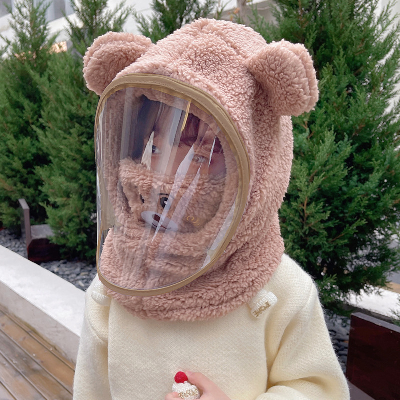 Detská čiapka, vetruodolná čiapka, zimná šatka integrovaná čiapka s tvárovým štítom, celotvárová ochrana, cyklistická čiapka s medveďom, vetruodolná a teplá