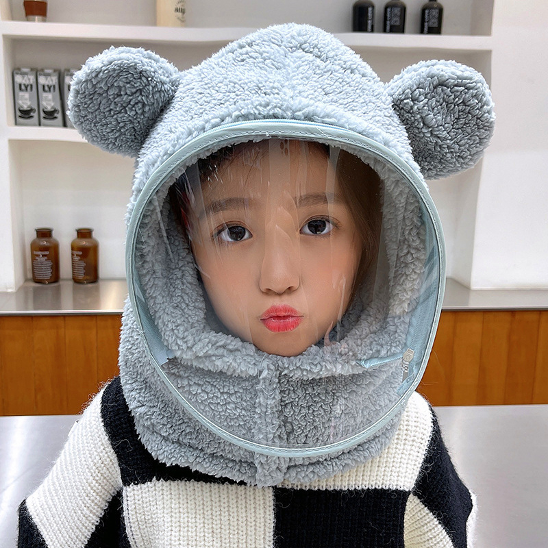 Detská čiapka, vetruodolná čiapka, zimná šatka integrovaná čiapka s tvárovým štítom, celotvárová ochrana, cyklistická čiapka s medveďom, vetruodolná a teplá