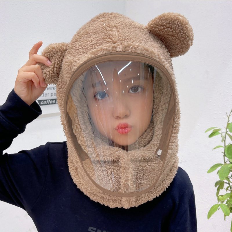 Detská čiapka, vetruodolná čiapka, zimná šatka integrovaná čiapka s tvárovým štítom, celotvárová ochrana, cyklistická čiapka s medveďom, vetruodolná a teplá