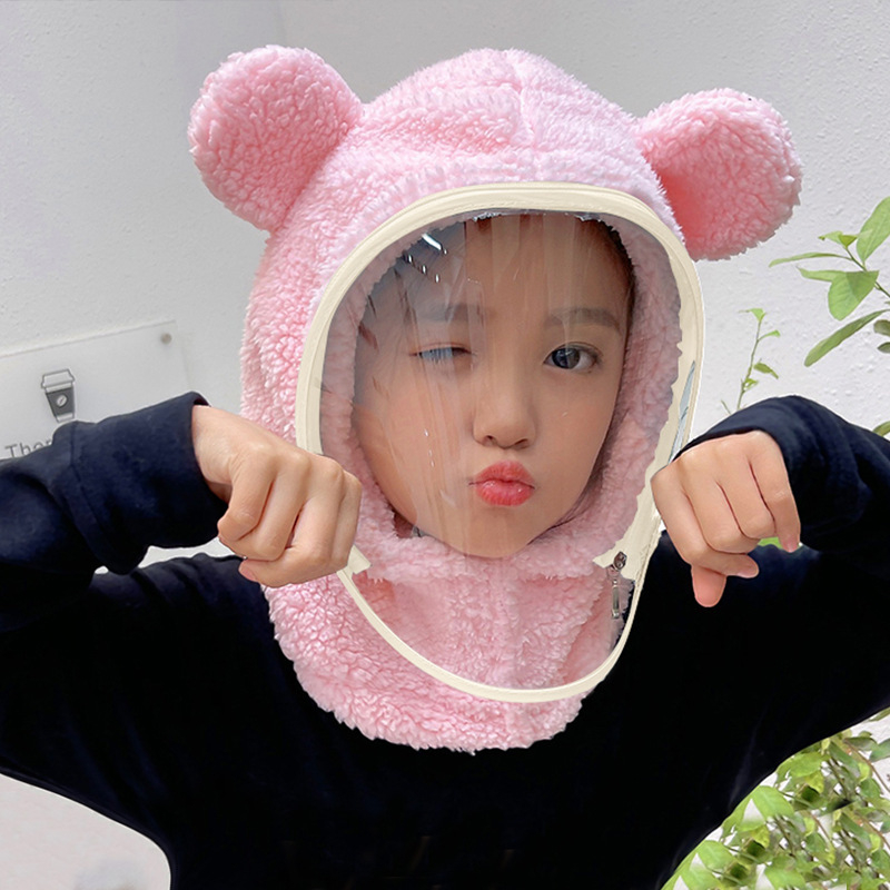 Detská čiapka, vetruodolná čiapka, zimná šatka integrovaná čiapka s tvárovým štítom, celotvárová ochrana, cyklistická čiapka s medveďom, vetruodolná a teplá