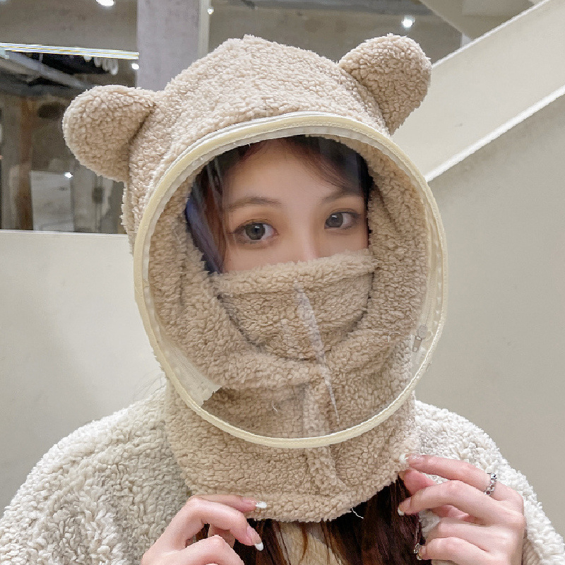 Detská čiapka, vetruodolná čiapka, zimná šatka integrovaná čiapka s tvárovým štítom, celotvárová ochrana, cyklistická čiapka s medveďom, vetruodolná a teplá