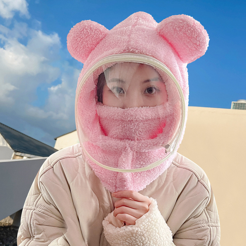 Detská čiapka, vetruodolná čiapka, zimná šatka integrovaná čiapka s tvárovým štítom, celotvárová ochrana, cyklistická čiapka s medveďom, vetruodolná a teplá