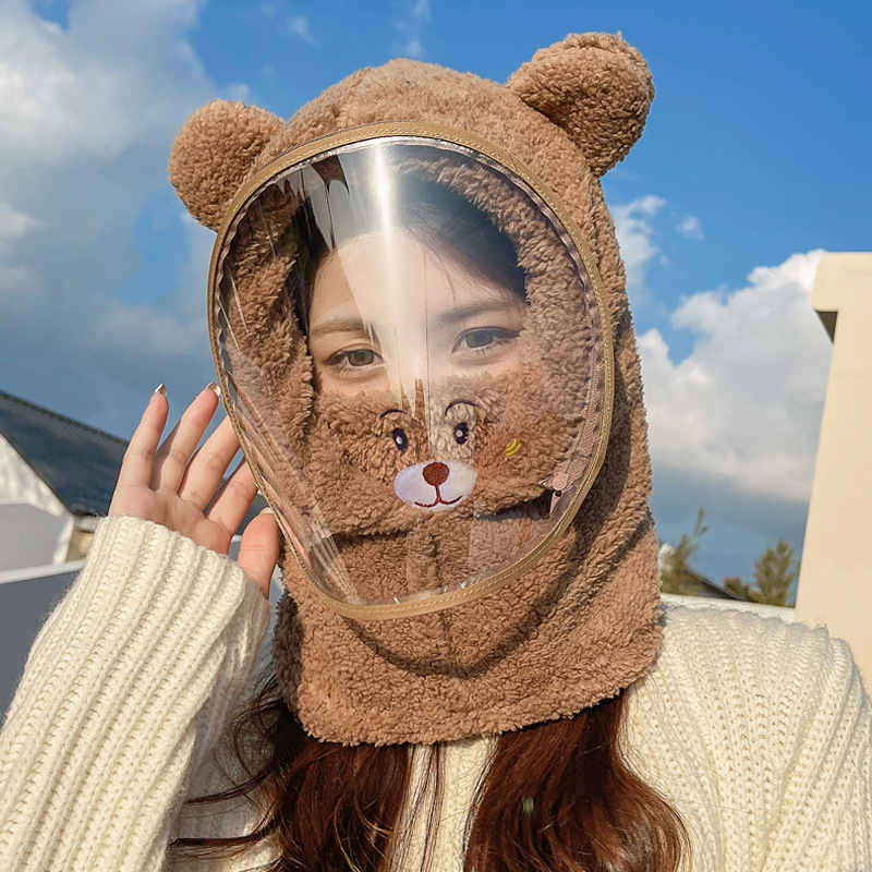 Detská čiapka, vetruodolná čiapka, zimná šatka integrovaná čiapka s tvárovým štítom, celotvárová ochrana, cyklistická čiapka s medveďom, vetruodolná a teplá