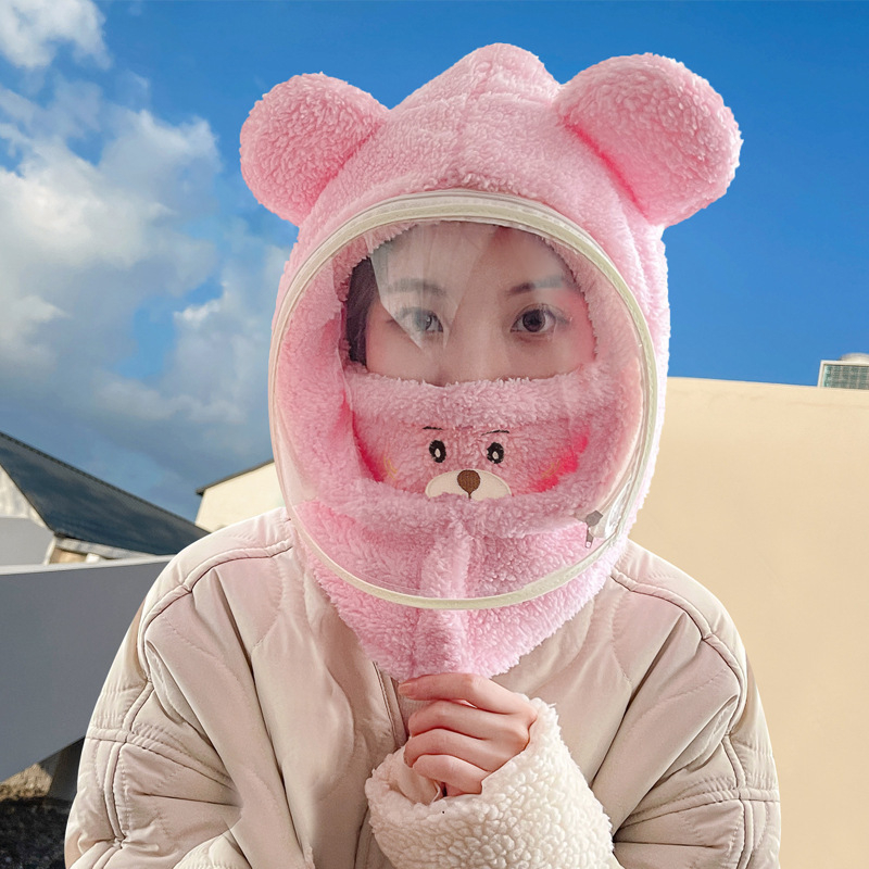 Detská čiapka, vetruodolná čiapka, zimná šatka integrovaná čiapka s tvárovým štítom, celotvárová ochrana, cyklistická čiapka s medveďom, vetruodolná a teplá