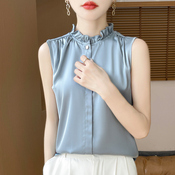 Femeii cămașă din satin stil francez cu guler din dantelă fără mâneci top vestă interioară mătăsoasă cu model complet potrivită