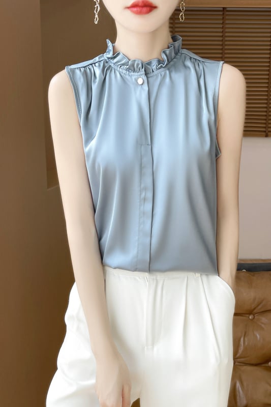 Femeii cămașă din satin stil francez cu guler din dantelă fără mâneci top vestă interioară mătăsoasă cu model complet potrivită