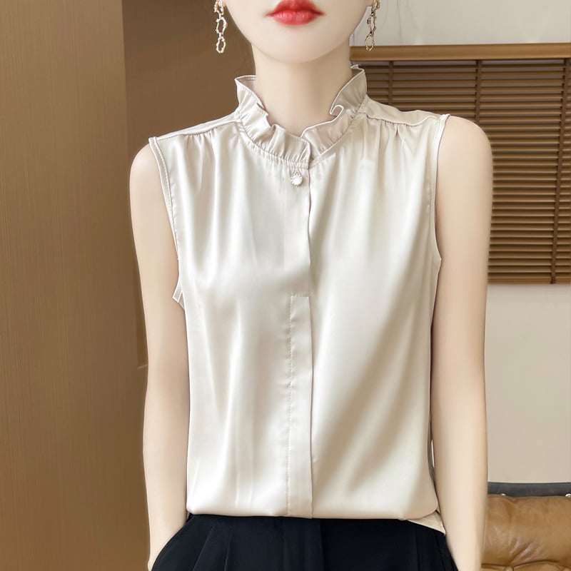 Femeii cămașă din satin stil francez cu guler din dantelă fără mâneci top vestă interioară mătăsoasă cu model complet potrivită