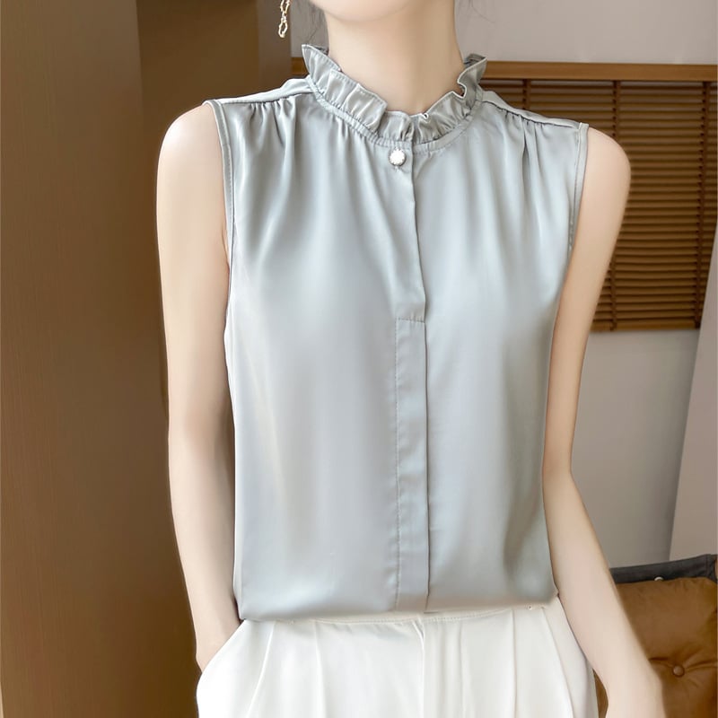 Femeii cămașă din satin stil francez cu guler din dantelă fără mâneci top vestă interioară mătăsoasă cu model complet potrivită