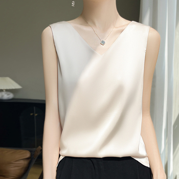 Μπροστινό V πίσω στρογγυλό σατέν οξικό οξύ σέξι Spice Girl κομψό αμάνικο γιλέκο για επαγγελματικές μετακινήσεις καλοκαίρι αναπνεύσιμο γυναικείο