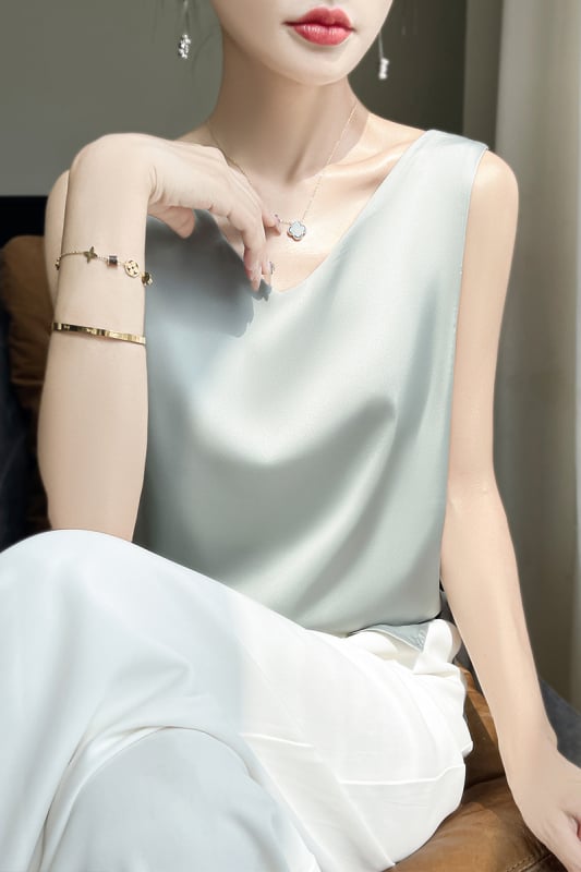 Vestă de vară fără mâneci, respirabilă, din satin, cu acid acetic, față în V, spate, rotundă, sexy, Spice Girl