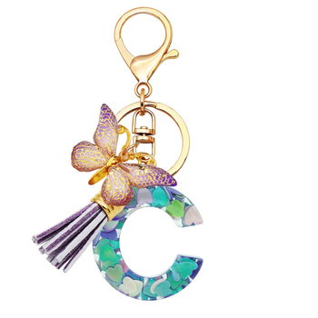 Breloc din rășină pentru fete cu inițiale, roz, violet, verde, în formă de inimă, fluture drăguț