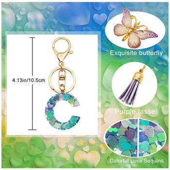 Μπρελόκ με αρχικά ρητίνης για κορίτσια, γυναικείο ροζ μωβ πράσινο, χαριτωμένο μπρελόκ με πεταλούδα σε σχήμα καρδιάς