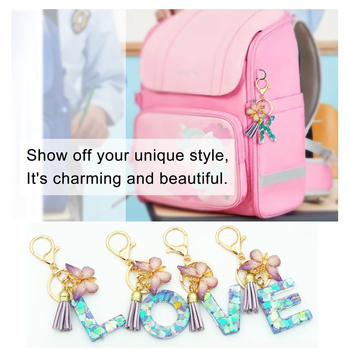 Μπρελόκ με αρχικά ρητίνης για κορίτσια, γυναικείο ροζ μωβ πράσινο, χαριτωμένο μπρελόκ με πεταλούδα σε σχήμα καρδιάς