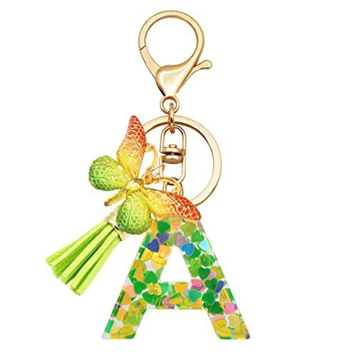 Breloc din rășină pentru fete cu inițiale, roz, violet, verde, în formă de inimă, fluture drăguț