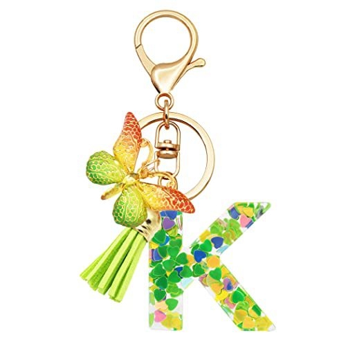 Breloc din rășină pentru fete cu inițiale, roz, violet, verde, în formă de inimă, fluture drăguț