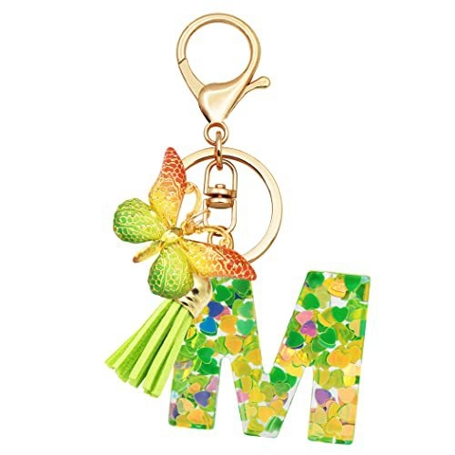 Breloc din rășină pentru fete cu inițiale, roz, violet, verde, în formă de inimă, fluture drăguț