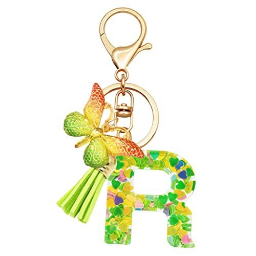 Breloc din rășină pentru fete cu inițiale, roz, violet, verde, în formă de inimă, fluture drăguț