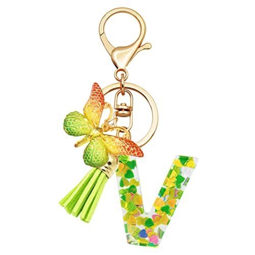 Breloc din rășină pentru fete cu inițiale, roz, violet, verde, în formă de inimă, fluture drăguț