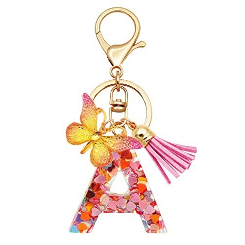 Breloc din rășină pentru fete cu inițiale, roz, violet, verde, în formă de inimă, fluture drăguț