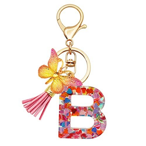 Breloc din rășină pentru fete cu inițiale, roz, violet, verde, în formă de inimă, fluture drăguț